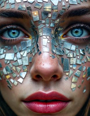 The primary subject of the image is a woman with a unique and artistic appearance. She has a face covered in shiny, metallic tiles, giving her a futuristic and intriguing look. The setting appears to be indoors, with the woman being the main focus of the scene. The visual style of the image is a combination of photo and digital art, creating a striking and eye-catching effect. The colors and mood of the image are predominantly silver and metallic, giving it a sleek and modern feel.